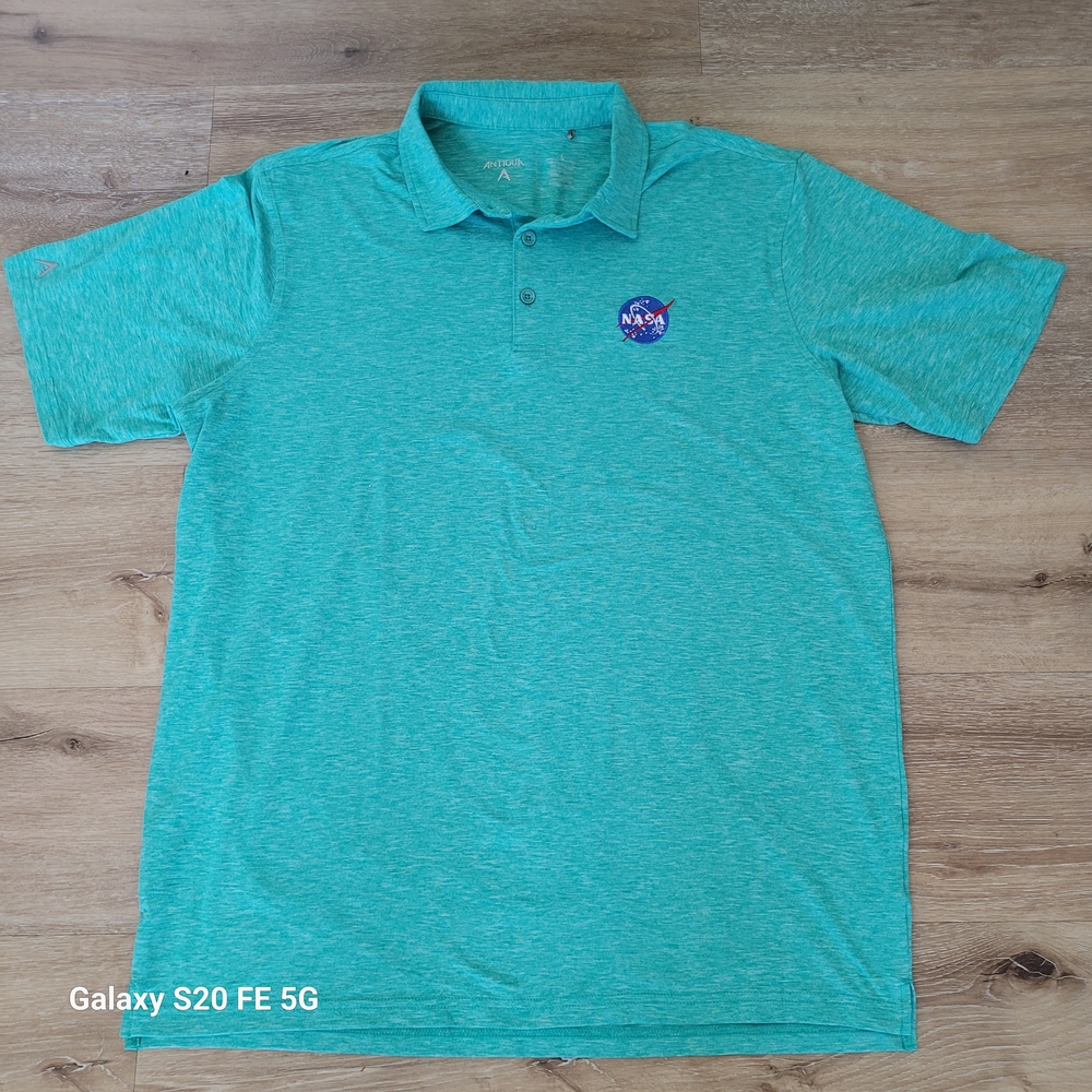 Antigua NASA Polo Shirt Mens L Green Space Logo Golf Performance Short Sleeve